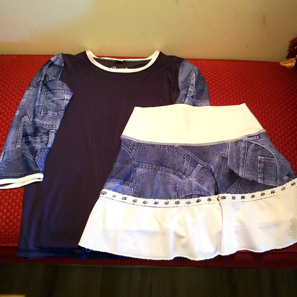 2-piece Small Custom Loret Denim-look Tennis Skort and 3/4 Sleeve Top